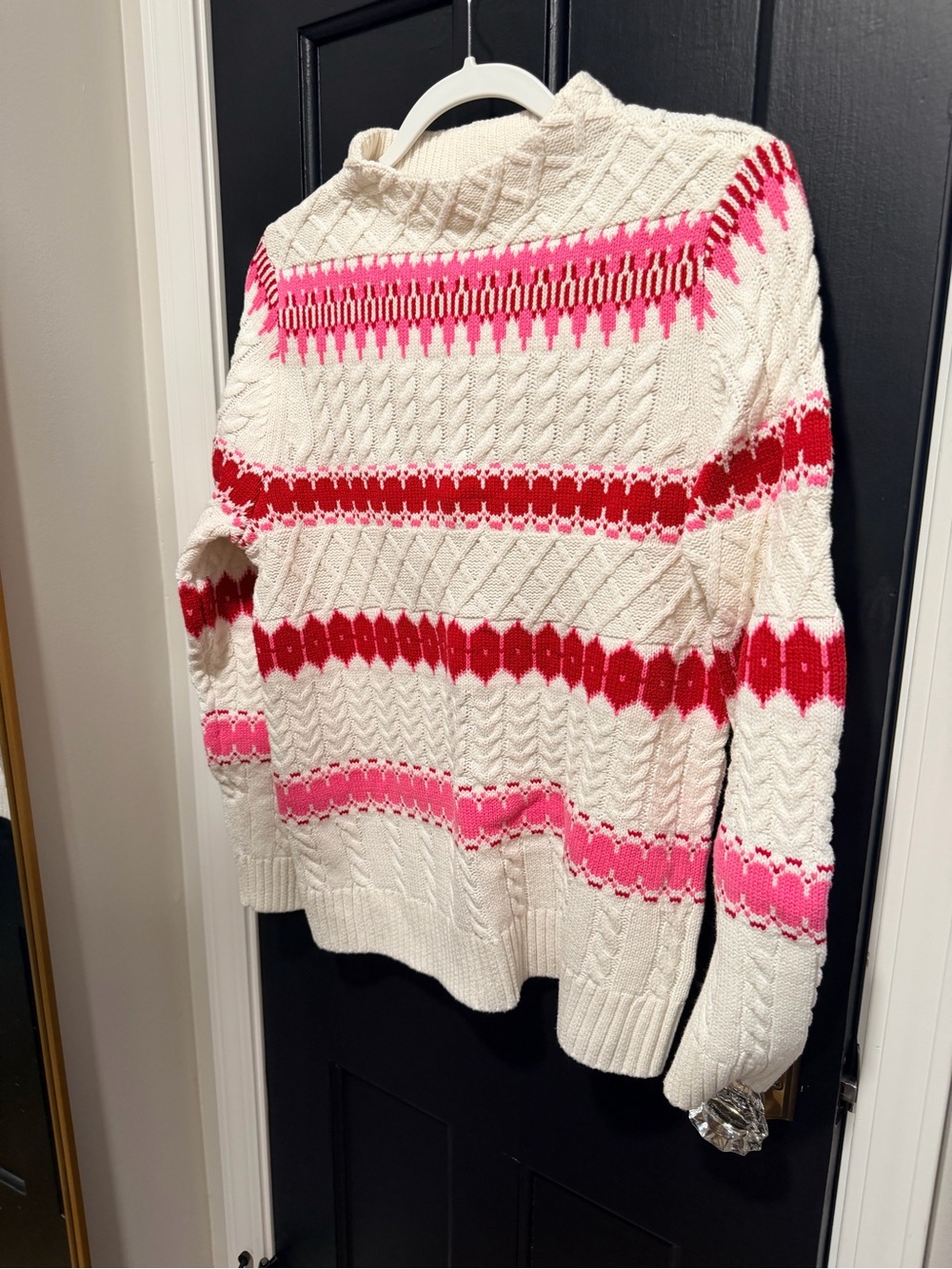 Talbots Cream Cable-Knit Turtleneck Sweater with Pink & Red Stripes